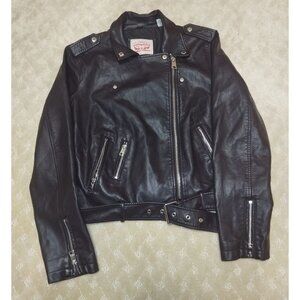 Levi's Faux Leather Jacket Women's Large Burgundy Moto Biker Asymmetrical Zip